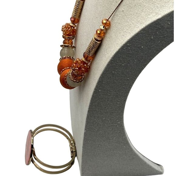 Beaded Necklace & Hinged Bracelet Set Orange & Gold Tone Statement Jewelry - Picture 7 of 8